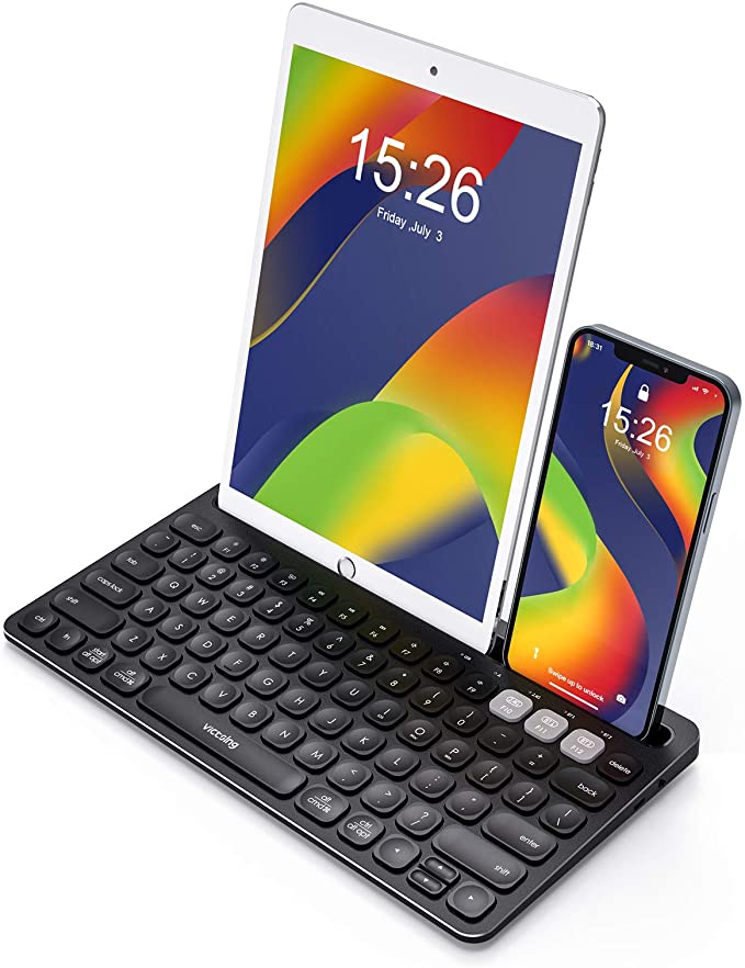 VicTsing Multi-Device Bluetooth Keyboard for iPad, Rechargeable Stainless Steel Wireless Bluetooth Keyboard, 2.4G Mini Keyboard with Phone Holder, 3 Devices Slim Wireless Keyboard for Mac/Windows