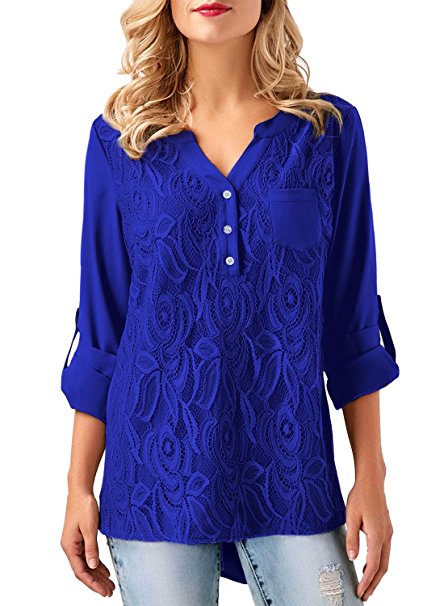 Dokotoo Womens Loose Solid Cuffed Sleeve Lace Panel Casual Blouses Tops