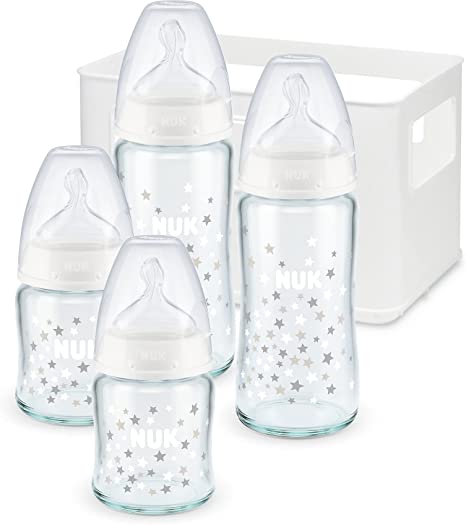 NUK First Choice  Glass Baby Bottles Starter Set | 0-6 Months | 4 x Temperature Control Bottles & Bottle Crate | Anti Colic Vent | BPA-Free | Grey & White | 5 Count