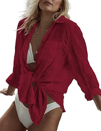 Bsubseach Women Long Sleeve Beach Shirt Blouses Bathing Suit Cover Up Button Down Collar