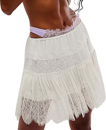 Women Y2k Lace Ruffle Pleated Mini Skirt Low Rise Half Slip Flowy Skirt Fairy Mesh Floral Layered Short Mini Skirts