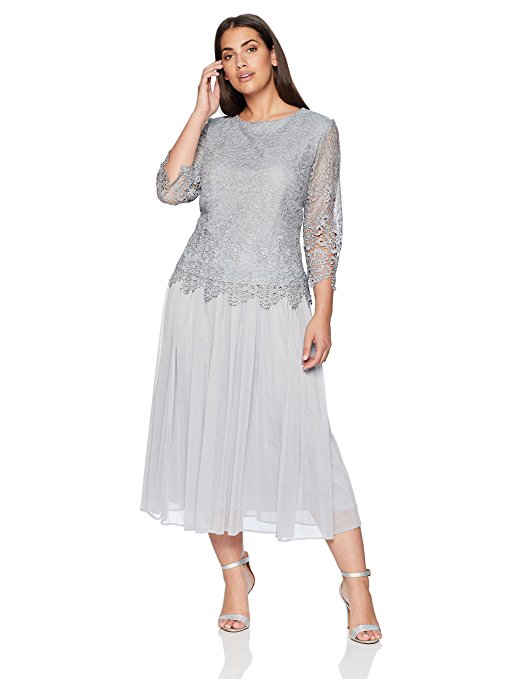 Alex Evenings Women's Plus Size Tea Length Mock Lace Dress with Scallop Detail