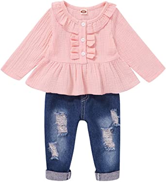 Baby Girl Clothes Toddler Girl Denim Outfits Ruffle Shirt Ripped Jeans Pants Set Toddler Baby Clothes for Girl