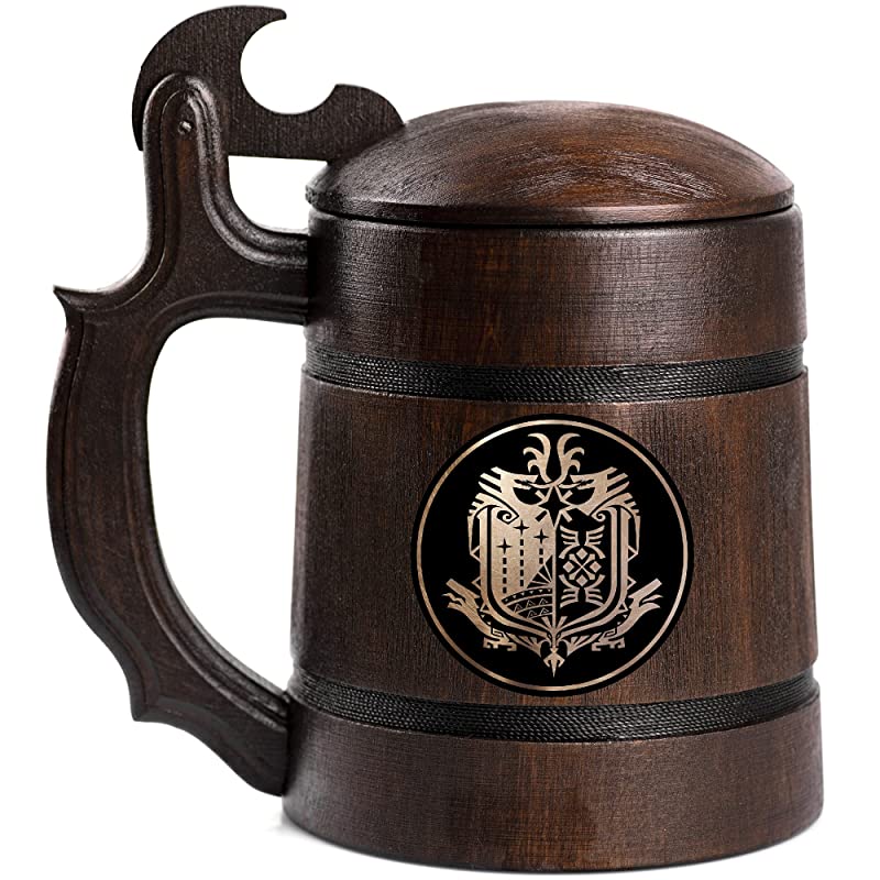 Monster Hunter World Beer Mug, 17oz, MHW Beer Stein With Lid, Fathers Day Beer Mug, 21st Birthday Gifts For Him, Monster Hunter Merchandise, Wooden Tankard, Geek Gifts
