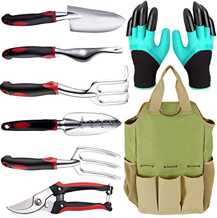 Dadoudou Garden Tool Set, 7 Pcs Heavy Duty Gardening Hand Tool Set with Pruning Shear, Non-Slip Handle Tools,Gardening Gloves and Storage Tote Bag for Men and Women