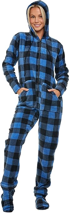 Alexander Del Rossa Women's Warm Fleece One Piece Hooded Footed Zipper Pajamas Soft Adult Onesie Footie with Hood for Winter