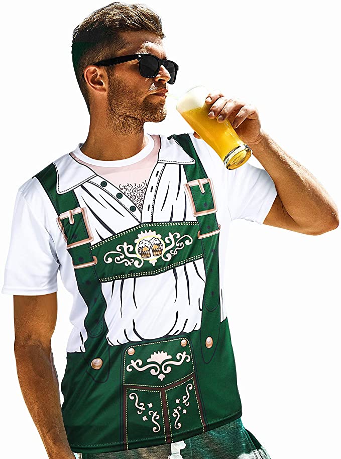 Mens German Bavarian Oktoberfest Costume Lederhosen 3D Short Sleeve T-Shirt Beer