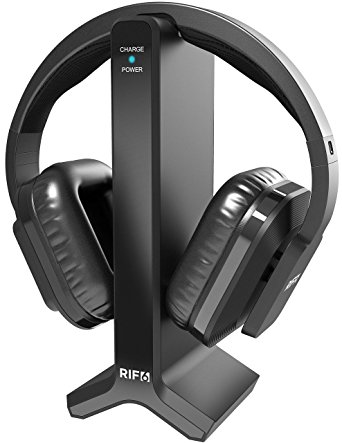RIF6 Wireless TV Headphones 2.0 Over Ear Cordless Headphone with RF Transmitter - with Electronic Volume Control 20 Hour Rechargeable Battery and Charging Dock for TV MP3 iPods and Smartphones - Black