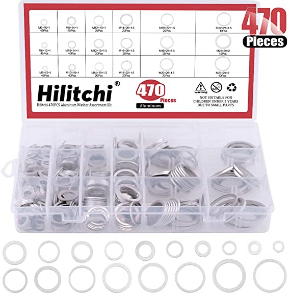 Hilitchi 470 Pcs 18 Sizes Automotive Oil Drain Plug Gasket Aluminum Flat Washer Assortment Kit, Metric, M6 M8 M10 M12 M14 M16 M18 M20 M22 M24