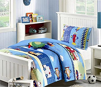 Fancy Linen Collection 8 Pc Full Size Train Ambulance Truck airplane Blue yellow red White Kids/Teens Comforter set With Furry Buddy Included