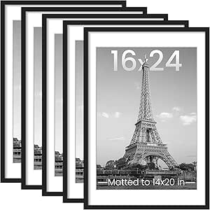 upsimples 16x24 Picture Frame Set of 5, Display Pictures 14x20 with Mat or 16x24 Without Mat, Wall Gallery Photo Frames, Black