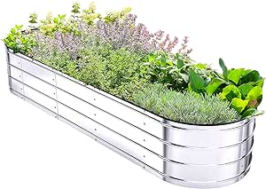 Ohuhu Raised Garden Bed w/Safety Edging, 5.6x1.6x1 FT Galvanized Metal Planter Box, Outdoor Plant Beds Planting Boxes for Vegetable Flower Herbs, Elevated Oval Gardening Planters