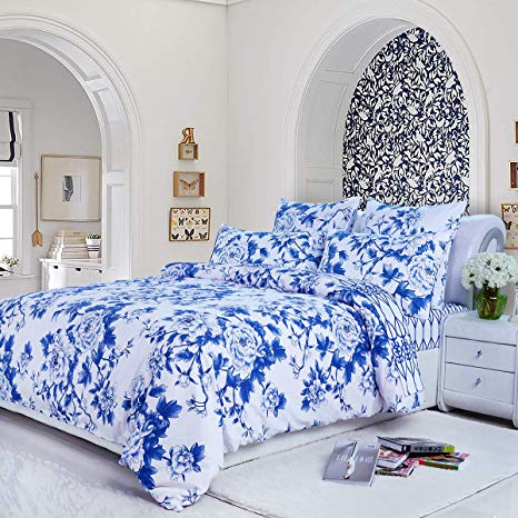 Softta Luxury Blue and White Porcelain Blue Peony Floral Design King Size 3Pcs（1 Duvet Cover+ 2 Pillowcases/Shams Farmhouse and Paisley Flower Series 800 Thread Count 100% Cotton Bedding Set