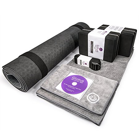 Levoit Lotus Premium Yoga Set Kit, 8 Pieces Equipment, Includes 1 Premium TPE Yoga Mat, 2 Yoga Blocks,2 Yoga Towels,1 Stretch Strap,1 Instruction DVD,1 Carrying Bag & Strap,Perfect Gift For Yogis