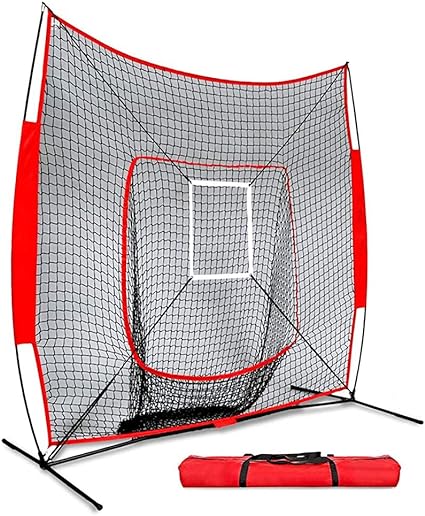 Baseball Practice Net with Batting Tee, FOME 7x7ft Softball Practice Net with Strike Zone Portable Travel Tee for Hitting Pitching Training Practicing with Carry Bag Great for All Skill Levels