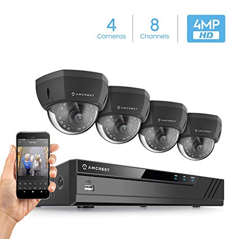 Amcrest 4MP Security Camera System, w/ 4K 8CH PoE NVR, (4) x 4-Megapixel 3.6mm Wide Angle Lens Weatherproof Metal Dome POE IP Cameras, NV4108E-HS-IP4M-1028EB4 (Black)