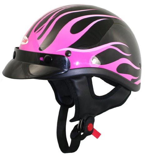 Outlaw T70 DOT Black Pink Flames Half Helmet With Visor - Pink/Small