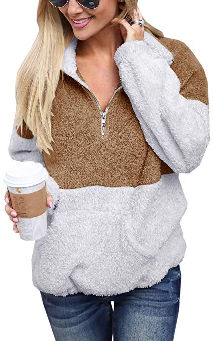 Angashion Womens Long Sleeve Half Zip Fuzzy Fleece Pullover Jacket Outwear Sweatshirt Tops Coat with Pocket