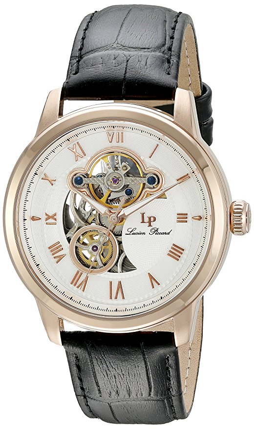 Lucien Piccard Men's LP-12524-RG-02 Optima Rose Gold-Tone Stainless Steel Automatic Watch with Black Leather Band