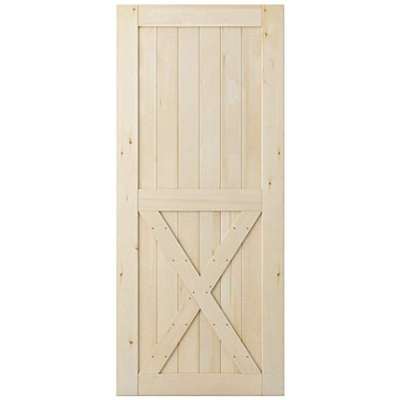 SmartStandard 36in x 84in Sliding Barn Wood Door Pre-Drilled Ready to Assemble, DIY Unfinished Solid Cypress Wood Panelled Slab, Interior Single Door Only, Natural, Single X-Frame (Fit 6FT-6.6FT Rail)