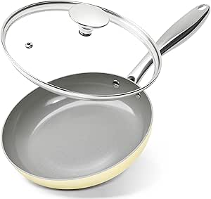 MICHELANGELO Non Stick Frying Pans - 8 Inch Nonstick Frying Pan with Lid, Small Frying Pan Nonstick, Non Toxic Frying Pan, Ceramic-Coated, Beige