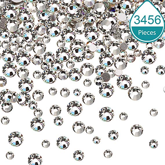 Bememo 3456 Pieces Nail Crystals AB Nail Art Rhinestones Round Beads Flatback Glass Charms Gems Stones, 6 Sizes for Nails Decoration Makeup Clothes Shoes (Crystal Clear, Mixed SS4 5 6 8 10 12)