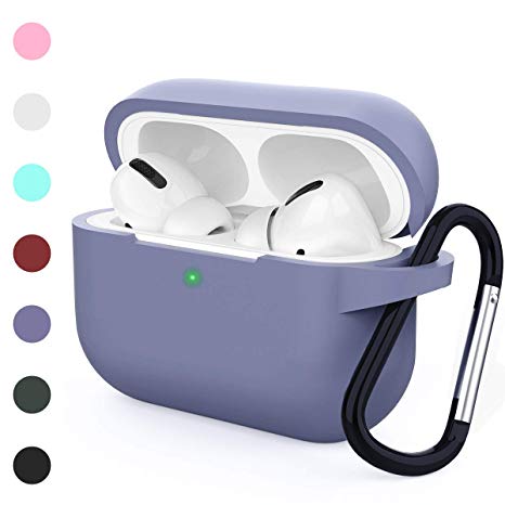 HUMENN Protective Cover Compatible with AirPods Pro Case, Shock-Absorbing Soft Slim Silicone Case Cover for Airpods Pro Charging Case 2019 [Front LED Visible] with Keychain (C,Lavender Gray)