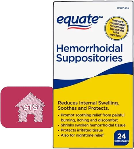 Equate Hemorrhoidal Suppositories, Relief from Burning, Itching and Discomfort of Hemorrhoids, 24 Count (Pack of 1)   STS Sticker.