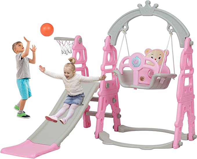 4-in-1 Toddler Climber Slide ＆Swing Set - Extra Long Play Slide Playset for Indoor Outdoor Backyard with Basketball Hoop, Safety Belt - Pink