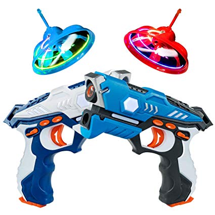 Costzon Laser Battle Tag Set with 2 Toy Guns and 2 Flying Target Drones, Infrared Double Gun Flying Saucer Set - 4 Pieces, Multiplayer Mode and 4 Gun Types, Flickering Lights, Booming Sound Effects