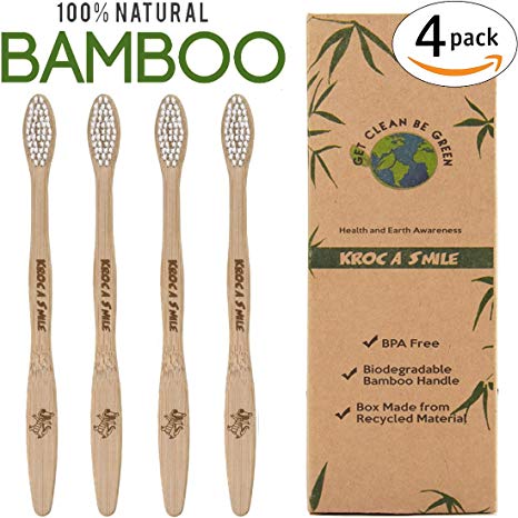 Slim Natural Bamboo Toothbrush Reusable Organic Eco-Friendly Vegan Biodegradable Soft Bristles Ergonomic Design (4-Pack) - WHITE