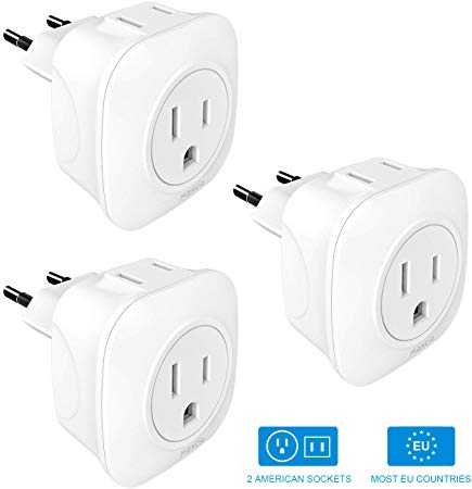 European Travel Plug Adapter, Maxcio Europe Power Adapter with 2 American Outlets, 2 in 1 International Power Adaptor for EU Type C Country Spain Italy Iceland and More (3 Packs)