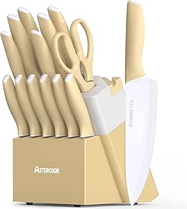 Astercook Kitchen Knife Set with Block and Sharpener 15 Piece Knives Set with Ceramic Coating German High Carbon Stainless Steel Knives Sharp Blade Dishwasher Safe Knife Set with Ergonomic Handle