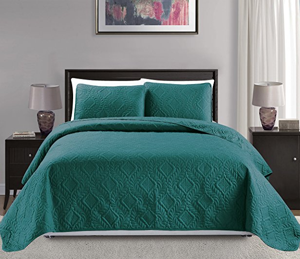 Mk Collection King/California king over size 118"x106" 3 pc Diamond Bedspread Bed-cover Embossed solid Turquoise New