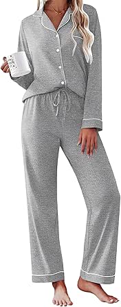 Ekouaer Womens Pajamas Set Cotton Long Sleeve Button Down Sleepwear Top and Long Pants Set Soft 2 Piece Pjs Lounge Set S-XXL