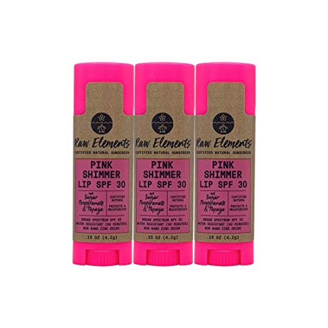 Raw Elements Pink Lip Shimmer SPF 30+ | Light Pink Tint, Non-Nano Zinc Oxide, 95% Organic, Very Water Resistant, Reef Safe, Non-GMO, Cruelty Free, 0.15oz (3-Pack)