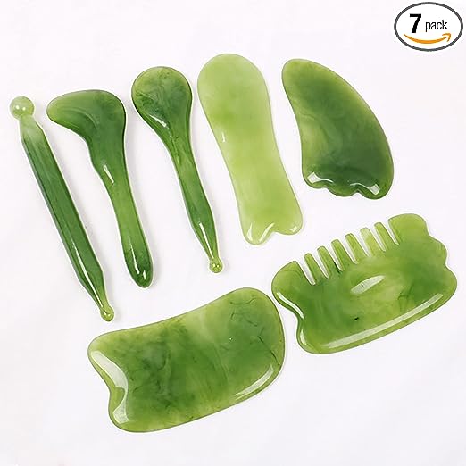 YIWULA 7PCS Gua Sha Facial Tool, Gua Sha Massage Tool, 7 in 1 Stree Relief Anti-Aging Anti-Wrinkle Gua Sha Scraping Tools Kit for Face Body Leg Back (Green)