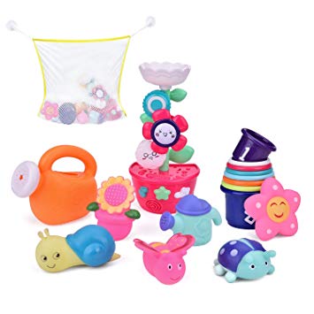 9 PCs Bath Toys Toddlers, Flower Waterfall Water Station Garden Squirter Toys, Stacking Cups Watering Can, Bath Toy Organizer Included Xmas Gift for Kids