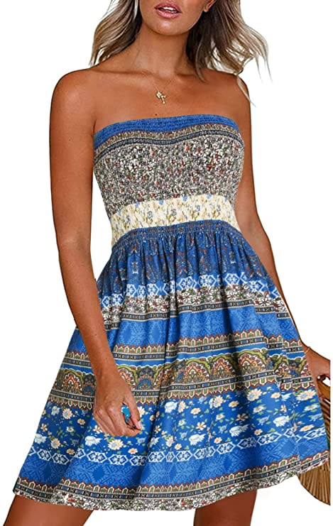 CHICGAL Summer Dresses for Women Beach Cover Ups Strapless Boho Floral Print Sundress