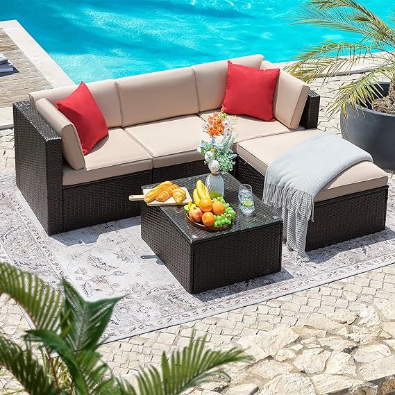 Flamaker 5 Piece Patio Furniture Set Wicker Outdoor Sectional Sofa with Thick Cushions & Tempered Glass Table Patio Couch Conversation Set for Deck, Porch, Terrace (Beige)