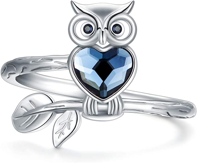 AOBOCO Sterling Silver Owl/Panda Ring for Women, Made with Austrian Crystal, Size 6-10