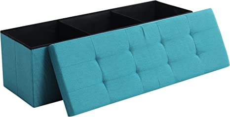 CUYOCA 45.3 Inches Storage Ottoman Bench Foldable Seat Footrest Shoe Bench End of Bed Storage with Flipping Lid, 166L Storage Upholstered Tufted Bench, Linen Fabric Teal Blue