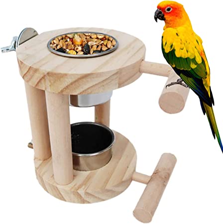 kathson Bird Feeding Cups with Wooden Platform, Bird Bowls Hanging Stainless Steel Parrot Cage Feeder & Water Bowl Parakeet Feeder Bird Perches Stand Cage Accessories for Parakeet Budgies