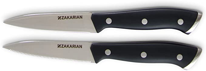 Zakarian by Dash 2 Piece German Steel Paring Knife Set with Smooth and Serrated Blades for Chopping, Dicing, Mincing, Slicing and More – Black