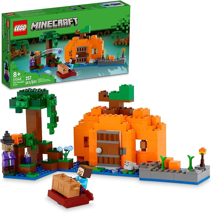 LEGO Minecraft The Pumpkin Farm 21248 Building Toy, Hands-on Action in The Swamp Biome Featuring Steve, a Witch, Frog, Boat, Treasure Chest and Pumpkin Patch, Minecraft Toy for Boys and Girls Aged 8