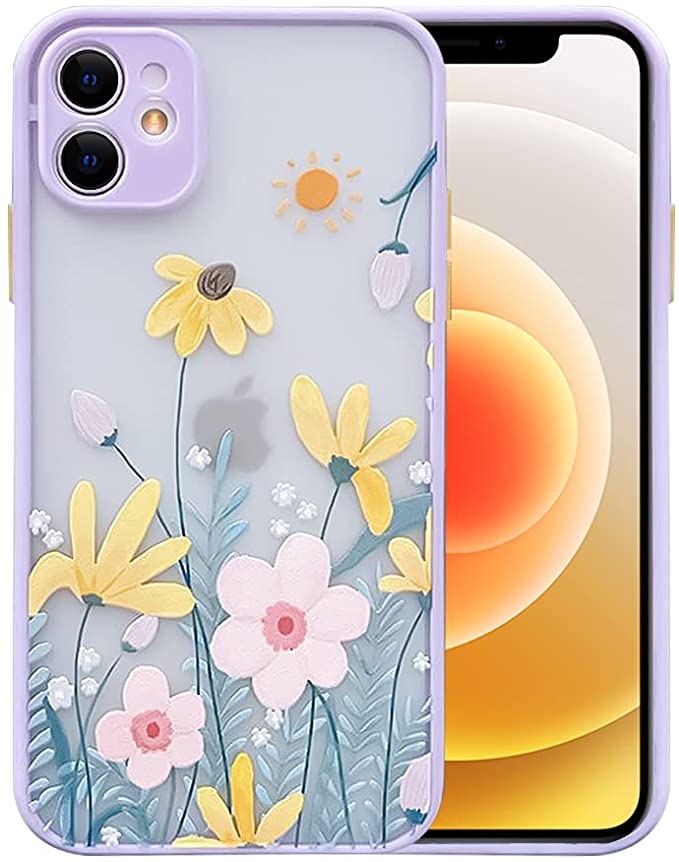 Ownest Compatible with iPhone 12 Case [Not fit iPhone 12 Pro 6.1‘’] for Clear Frosted PC Back 3D Floral Girls Woman and Soft TPU Bumper Silicone Slim Shockproof Case for iPhone 12 6.1''-Taro Purple