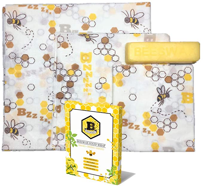 Beesworks Organic Beeswax Wraps-Food, Sandwich, Snack Wrap-Set of 3, 1 Large, 1 Medium, 1 Small-With Beeswax-With Beeswax Bar for Refreshing Wrap