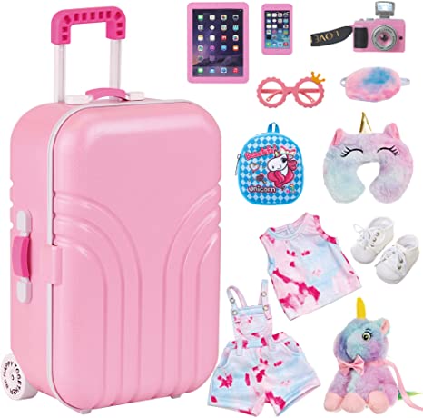 Ecore Fun 11 pcs American 18 inch Girl Doll Accessories Suitcase Travel Luggage Play Set - Girl 18" Doll Travel Carrier Storage, Including Suitcase Sunglasses Camera Cell Phone Shoes Toy Pet,ect