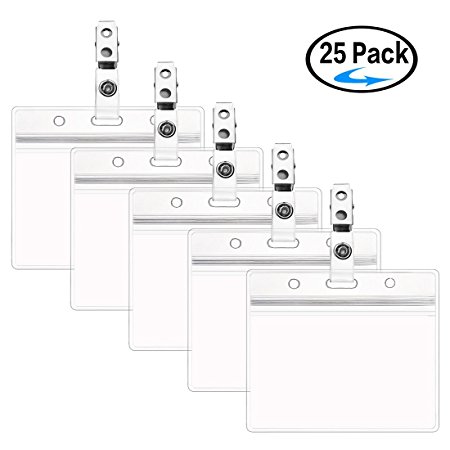 PVC Badge Holder Heavy Duty Vinyl Clear Zip Lock Waterproof Horizontal Name Card Holder With Clip Straps by ZHEGUI (25 Pack, Horizontal 2.3X3.5)