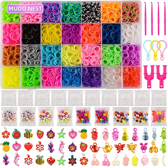 11,860  Rubber Bands Refill Loom Set: 11,000 Premium Rubber Loom Bands 42 Unique Colors, 500 Clips, 210  Beads, 85 ABC Beads to Bracelet Maker Making Kit for Kids, 46 Charms, 3 Backpack Hooks